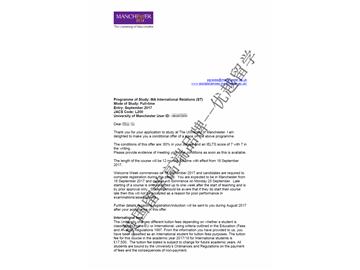 恭喜杜同學獲得曼徹斯特大學國際關(guān)系專業(yè)碩士通知書