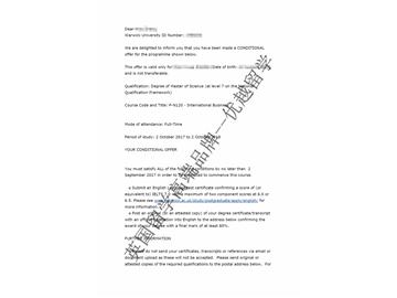 恭喜朱同學(xué)獲得華威大學(xué)國際商務(wù)專業(yè)碩士通知書