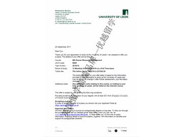 恭喜朱同學(xué)獲得利茲大學(xué)人力資源管理專業(yè)碩士通知書
