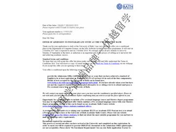 恭喜吳同學(xué)獲得巴斯大學(xué)軟件系統(tǒng)專業(yè)碩士通知書