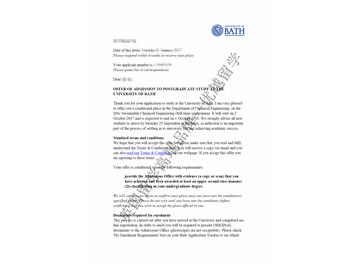 恭喜于同學獲得巴斯大學可持續(xù)化學工程專業(yè)碩士通知書