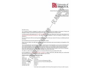 恭喜朱同學(xué)獲得布里斯托大學(xué)經(jīng)濟(jì)金融與管理專業(yè)碩士通知書