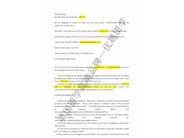 2018offer：恭喜丁同學(xué)獲得華威大學(xué)國際經(jīng)濟(jì)法專業(yè)碩士通知書