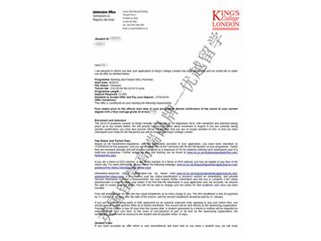 2018offer：恭喜韓同學(xué)獲得倫敦大學(xué)國(guó)王學(xué)院銀行與金融專(zhuān)業(yè)碩士通知書(shū)