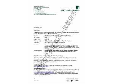 2018offer：恭喜江同學(xué)獲得利茲大學(xué)消費(fèi)者分析和戰(zhàn)略研究專(zhuān)業(yè)碩士通知書(shū)