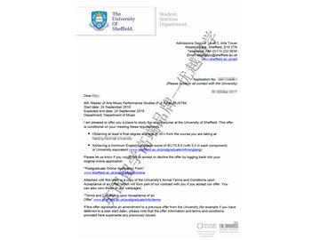 2018offer：恭喜李同學(xué)獲得謝菲爾德大學(xué)音樂(lè)表演研究專(zhuān)業(yè)碩士通知書(shū)