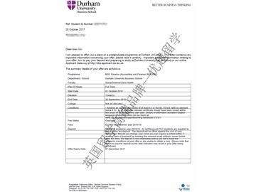 2018offer：恭喜王同學(xué)獲得杜倫大學(xué)金融（會(huì)計(jì)與金融）專(zhuān)業(yè)碩士通知書(shū)