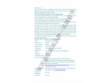 2018offer：恭喜韓同學(xué)獲得布里斯托大學(xué)金融與投資專(zhuān)業(yè)碩士通知書(shū)