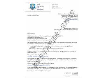 2018offer：恭喜于同學(xué)獲得謝菲爾德大學(xué)會(huì)計(jì)與金融專(zhuān)業(yè)碩士通知書(shū)