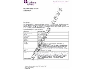 2018offer：恭喜李同學(xué)獲得杜倫大學(xué)對(duì)外英語(yǔ)教學(xué)專業(yè)碩士通知書