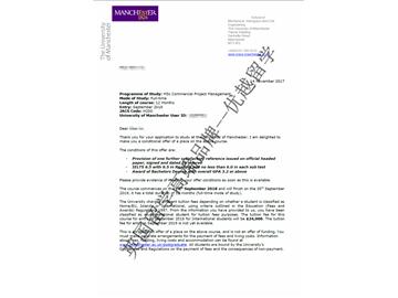 2018offer：恭喜李同學(xué)獲得曼徹斯特大學(xué)商業(yè)項(xiàng)目管理專業(yè)碩士通知書