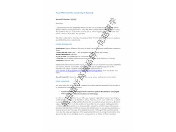 2018offer：恭喜吳同學獲得華威大學會計與金融專業(yè)碩士通知書