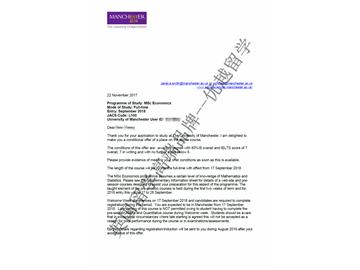 2018offer：恭喜朱同學(xué)獲得曼徹斯特大學(xué)經(jīng)濟(jì)學(xué)專業(yè)碩士通知書