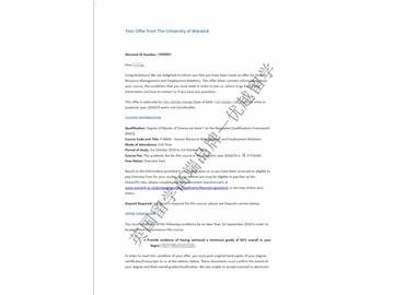 2018offer：恭喜吳同學(xué)獲得華威大學(xué)人力資源管理與勞資關(guān)系專業(yè)碩士通知書