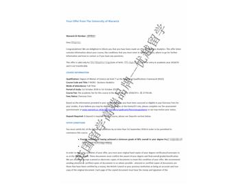 2018offer：恭喜朱同學(xué)獲得華威大學(xué)商務(wù)分析專業(yè)碩士通知書