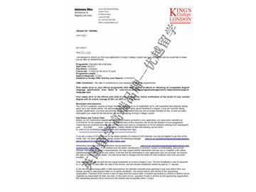 2018offer：恭喜胡同學(xué)獲得倫敦大學(xué)國(guó)王學(xué)院教育學(xué)專業(yè)碩士通知書