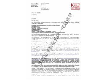2018offer：恭喜蘇同學(xué)獲得倫敦大學(xué)國(guó)王學(xué)院藥物分析與質(zhì)量控制專業(yè)碩士通知書