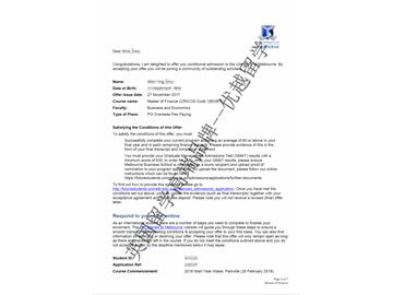 2018offer：恭喜于同學(xué)獲得墨爾本大學(xué)金融專業(yè)碩士通知書