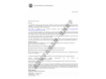 2018offer；恭喜胡同學(xué)獲得愛丁堡大學(xué)對(duì)外英語教學(xué)專業(yè)碩士通知書
