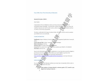 2018offer：恭喜于同學(xué)獲得華威大學(xué)可持續(xù)能源技術(shù)專業(yè)碩士通知書