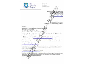 2018offer：恭喜蘇同學(xué)獲得謝菲爾德大學(xué)數(shù)學(xué)專業(yè)碩士通知書