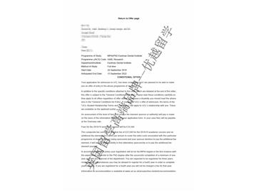 2018offer：恭喜朱同學(xué)獲得倫敦大學(xué)學(xué)院伊斯特曼牙科研究所博士課程錄取通知書