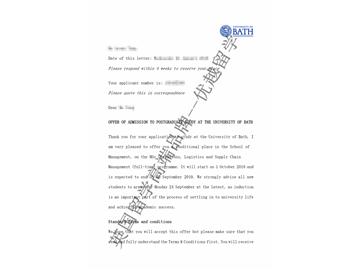2018offer：恭喜張同學(xué)獲得巴斯大學(xué)運營、物流與供應(yīng)鏈管理專業(yè)碩士通知書