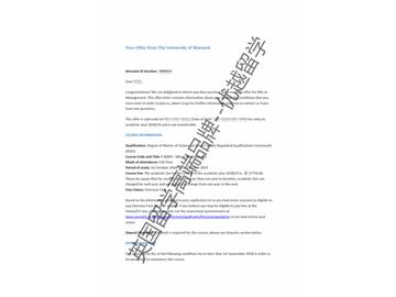 2018offer：恭喜胡同學(xué)獲得華威大學(xué)管理學(xué)專(zhuān)業(yè)碩士通知書(shū)