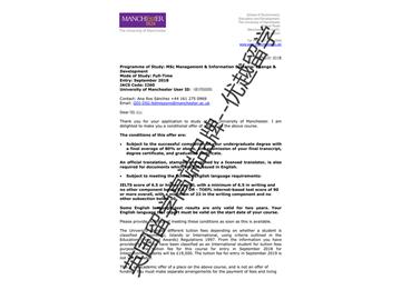 2018offer：恭喜王同學(xué)獲得曼徹斯特大學(xué)信息系統(tǒng)管理專業(yè)碩士通知書