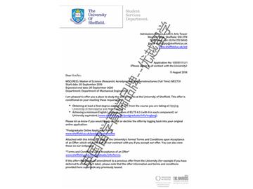 2019offer：恭喜王同學(xué)獲得謝菲爾德大學(xué)空氣動力學(xué)與飛機(jī)結(jié)構(gòu)專業(yè)碩士通知書