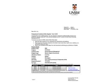 2019offer：恭喜曹同學獲得新南威爾士大學人力資源管理專業(yè)碩士通知書