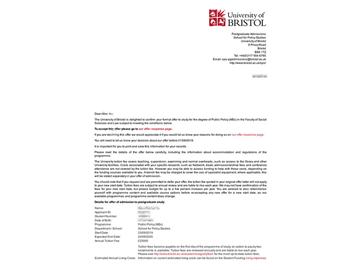2019offer：恭喜吳同學(xué)獲得布里斯托大學(xué)公共政策專業(yè)碩士通知書