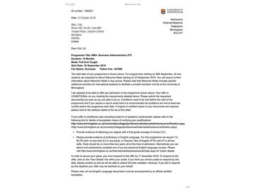 2019offer：恭喜吳同學(xué)獲得伯明翰大學(xué)MBA錄取通知書