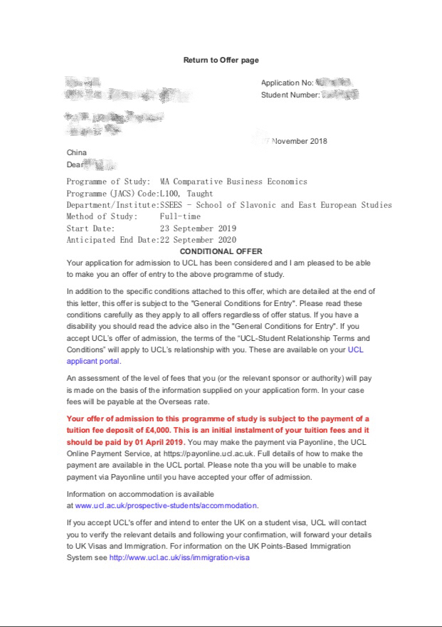 2019offer：恭喜李同學(xué)獲得倫敦大學(xué)學(xué)院比較商務(wù)經(jīng)濟(jì)學(xué)專業(yè)碩士通知書