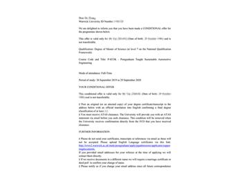 2019offer：恭喜趙同學獲得華威大學（世界排名：54）可持續(xù)汽車工程專業(yè)碩士通知書