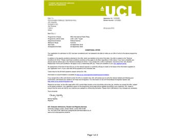2019offer：恭喜吳同學獲得倫敦大學學院（世界排名：8）國際公共政策專業(yè)碩士通知書