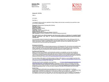 2019offer：恭喜李同學獲得倫敦大學國王學院（世界排名：31）藥物科技專業(yè)碩士通知書