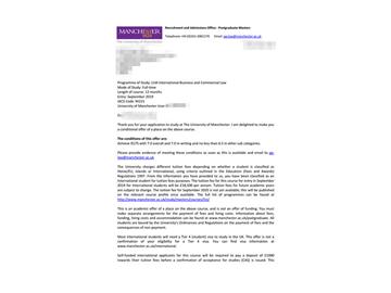 2019offer：恭喜朱同學獲得曼徹斯特大學（世界排名：29）國際商務貿(mào)易法專業(yè)碩士通知書