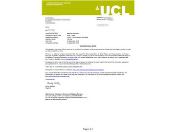 2019offer：恭喜李同學獲得倫敦大學學院（世界排名：10）音樂教育專業(yè)碩士通知書