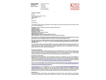 2019offer：恭喜錢同學獲得倫敦大學國王學院（世界排名：31）電信與互聯(lián)網(wǎng)技術(shù)專業(yè)碩士通知書