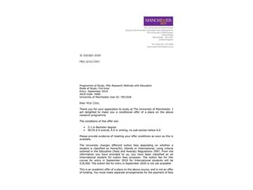 2019offer：恭喜朱同學(xué)獲得曼徹斯特大學(xué)（世界排名：29）教育研究方法專(zhuān)業(yè)碩士通知書(shū)