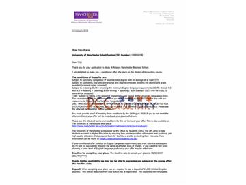 2019offer：恭喜林同學(xué)獲得曼徹斯特大學(xué)（世界排名：29）會計學(xué)專業(yè)碩士通知書