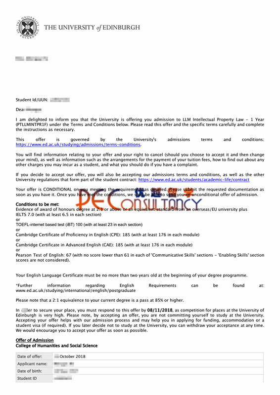 2019offer：恭喜韓同學(xué)獲得愛丁堡大學(xué)（世界排名：18）知識產(chǎn)權(quán)法專業(yè)碩士通知書