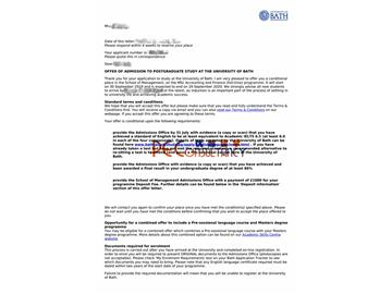 2019offer：恭喜韓同學(xué)獲得巴斯大學(xué)（世界排名：158）會(huì)計(jì)與金融專業(yè)碩士通知書