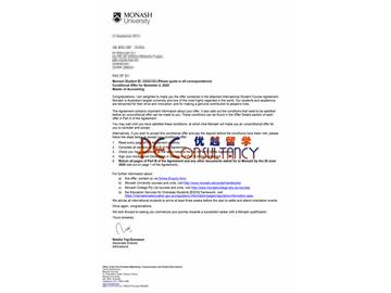 2020offer：恭喜林同學(xué)獲得莫納什大學(xué)(世界排名：58)會(huì)計(jì)學(xué)專業(yè)碩士通知書(shū)