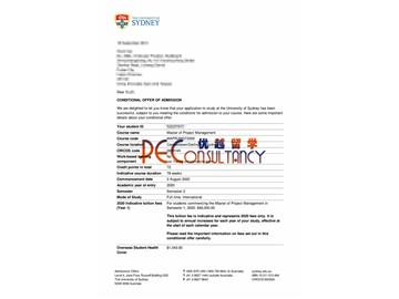 2020offer：恭喜李同學(xué)獲得悉尼大學(xué)(世界排名：42)工程管理專業(yè)碩士通知書(shū)