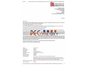 2020offer：恭喜吳同學(xué)獲得布里斯托大學(xué)(世界排名：49)商法專業(yè)碩士通知書(shū)