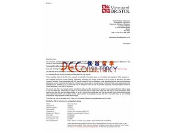 2020offer：恭喜吳同學(xué)獲得布里斯托大學(xué)(世界排名：49)金融與投資專(zhuān)業(yè)碩士通知書(shū)