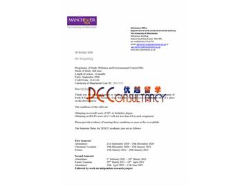 2020offer：恭喜李同學(xué)獲得曼徹斯特大學(xué)(世界排名：27)污染與環(huán)境控制專(zhuān)業(yè)碩士通知書(shū)