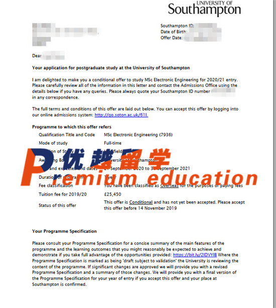 2020offer：恭喜章同學(xué)獲得南安普頓大學(xué)(世界排名：97)電子工程專業(yè)碩士通知書